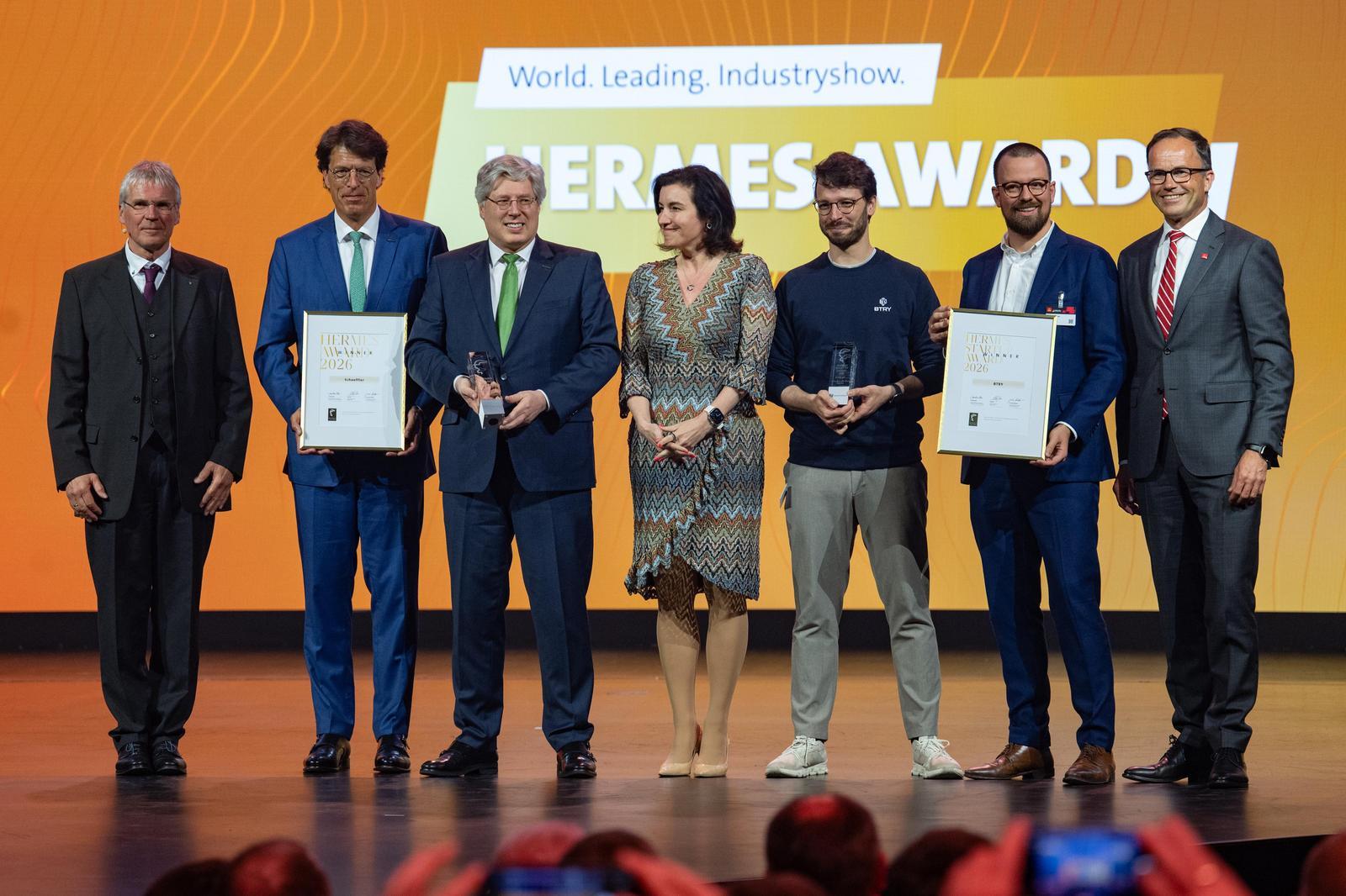 Hannover Messe 2026, opening ceremony, Hermes Award 2026, winner: Schaeffler (second left) and BRTY (second right)